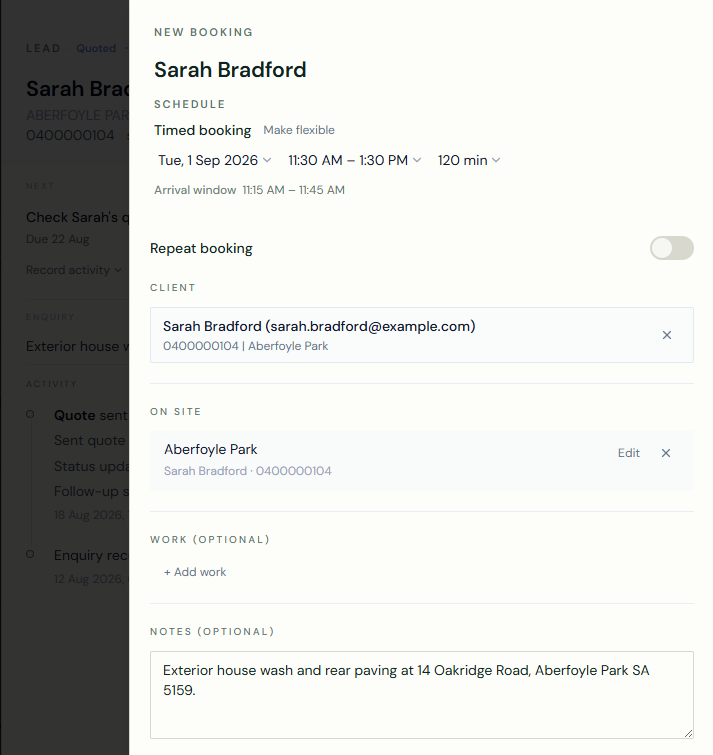 New booking created from an existing enquiry