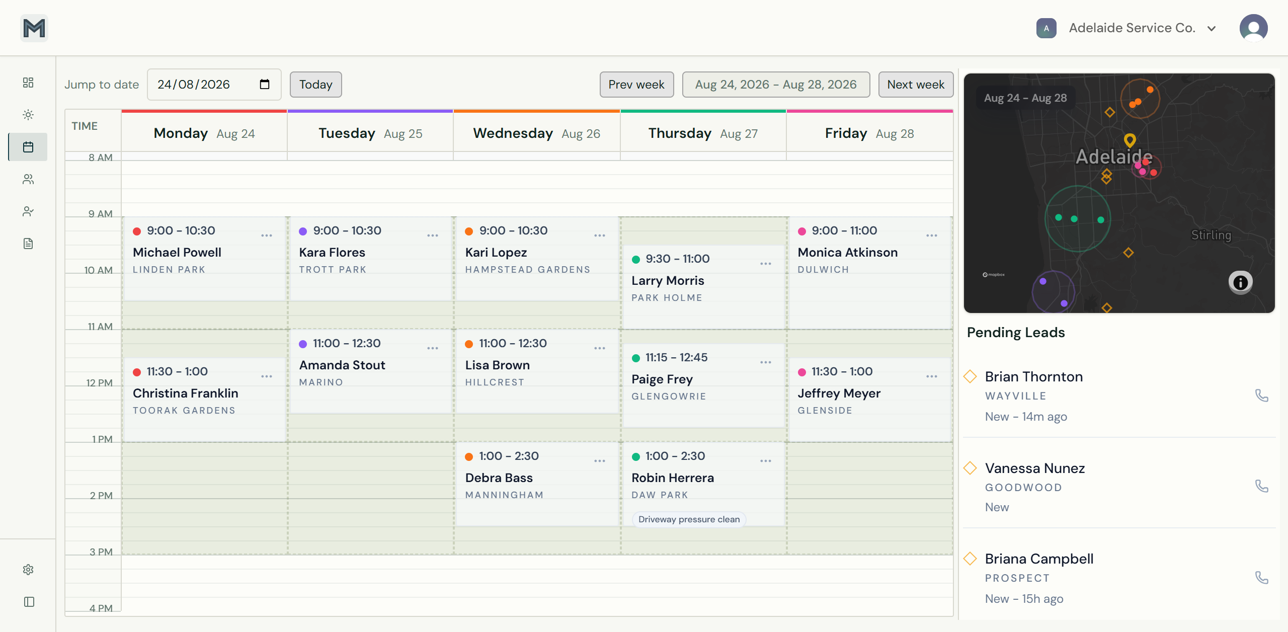 MobiFlex weekly schedule with bookings, service-area map and pending enquiries