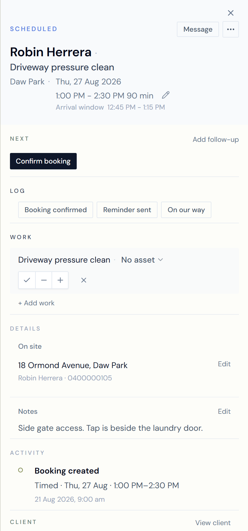 Mobile booking details for field work