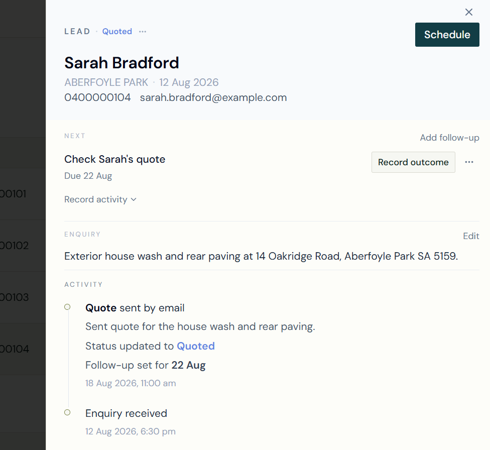 Quoted enquiry with follow-up and activity history