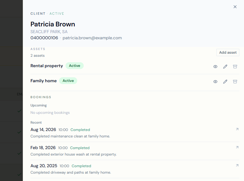 Repeat customer with assets and completed booking history