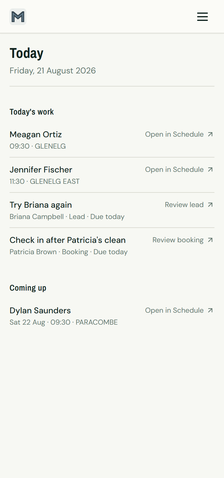 Mobile Today view with bookings and follow-ups